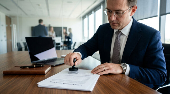Businessman stamping document in office, professional legal or financial approval