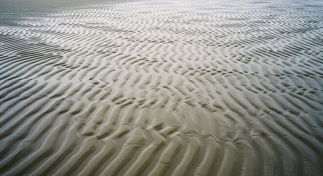 Wavy sand patterns on beach shore at low tide in natural sunlight