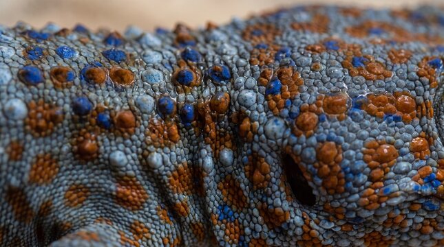 Tokay gecko skin texture close-up. Macro shot of colorful lizard scales and pattern.