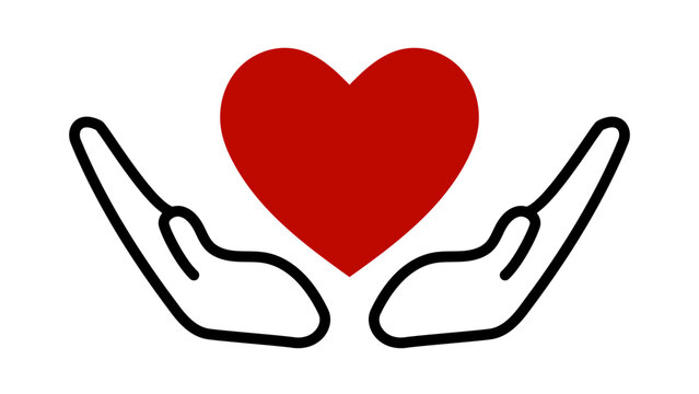 Red heart in open hands vector icon, charity, care, health and love support concept, flat line graphic isolated on white background