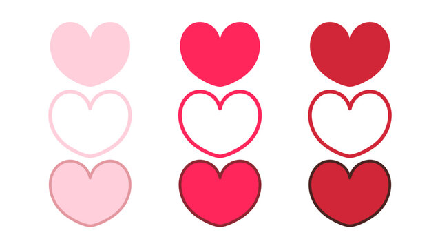 Red and pink heart icon vector set, simple flat linear collection for Valentine day, love and romance symbol isolated on white background