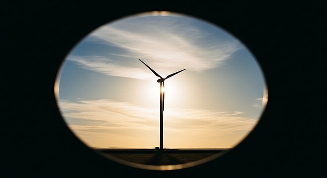 Wind turbine silhouette against golden sunset sky viewed through circular frame