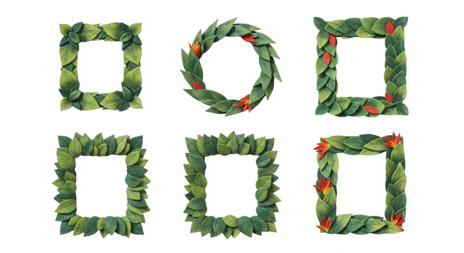 leaf frames on white for decoration creating borders with vibrant colors plain background for social media
