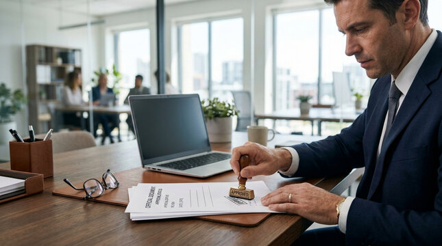 Businessman stamping official document in modern office, close-up on hand and paper