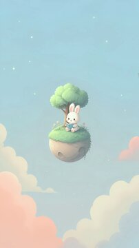 mobile wallpaper in theme A tiny floating planet with a single adorable white bunny reading a book beneath one miniature tree, surrounded by soft pastel clouds and tiny star