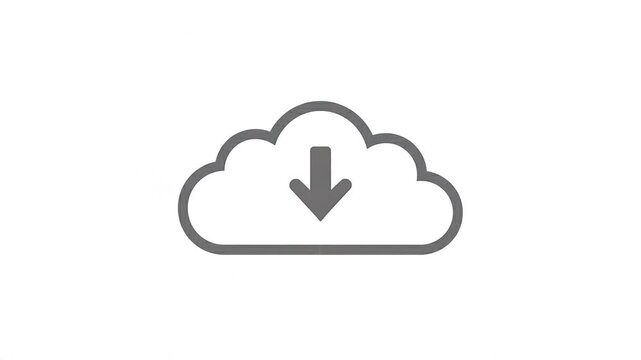 Cloud download icon animation, minimalist grey outline cloud with arrow on white background, digital storage and data transfer concept video