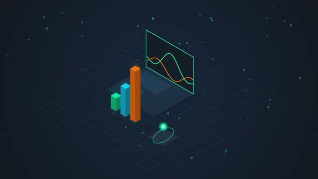 Isometric bar chart video animation showing data analytics growth trends on a dark digital tech background