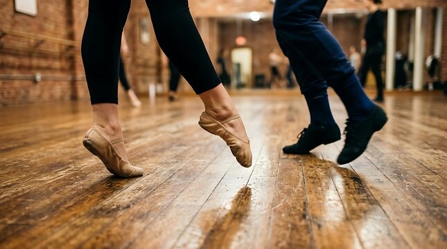 Dancers' Feet Practicing on Wooden Floor in Studio