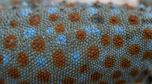 Tokay gecko skin texture close-up. Detailed lizard scales with orange and blue spots.