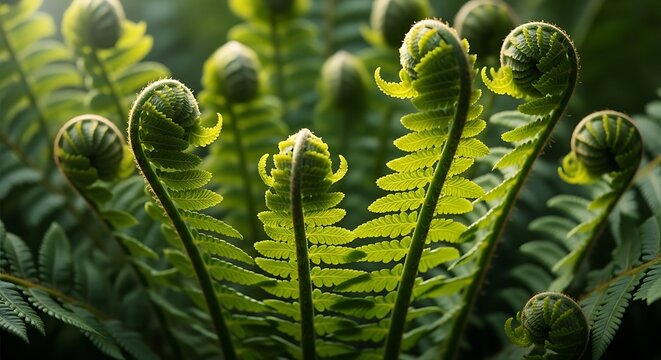 Young green fern fronds unfurling in a forest during spring season