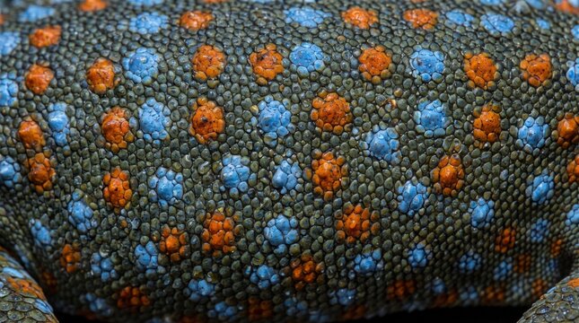 Tokay gecko skin texture. Close up of colorful lizard scales with blue and orange spots.