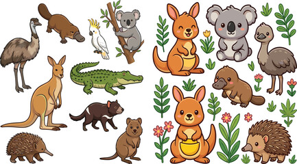 Obraz premium Cute Australian Animals Clipart Set – Kawaii Cartoon Wildlife Vector Illustrations