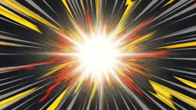 Comic book style lightning burst. Abstract radial explosion with red and yellow rays.
