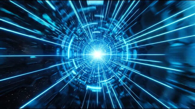 Camera flying through a blue neon tunnel. Fast motion travel inside a digital light corridor.