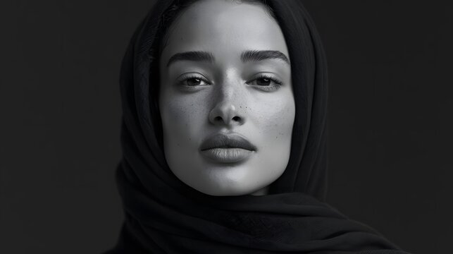 Black and white portrait of a woman wearing a hijab captured from a unique angle