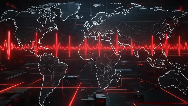 Futuristic digital world map interface with red pulse line graphic, representing global network monitoring, cybersecurity threat alert, and data analytics.