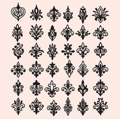 Elegant Fleur de Lis Ornamental Vector Collection – Vintage Floral Damask Decorative Elements © Nasima Begum