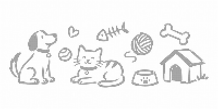 Set of pets and pet accessories in halftone style