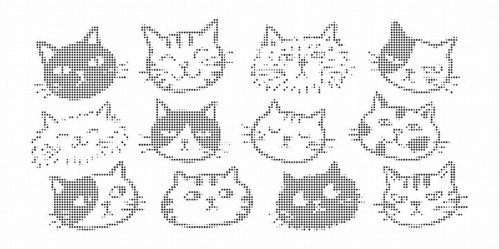 Set of cute cat faces, hand drawn doodle style, halftone vector illustration