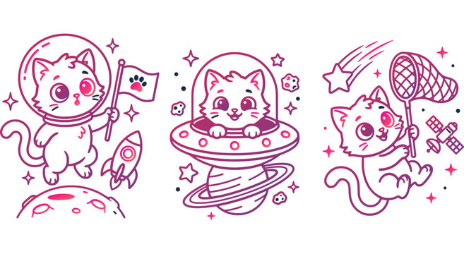 Set of three cute cartoon kittens exploring outer space in spacesuits and flying saucers black and white illustration