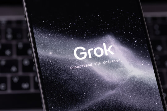 Grok mobile icon app on a screen smartphone. Grok is a generative AI-powered chatbot developed by xAI. Batumi, Georgia - June 16, 2026
