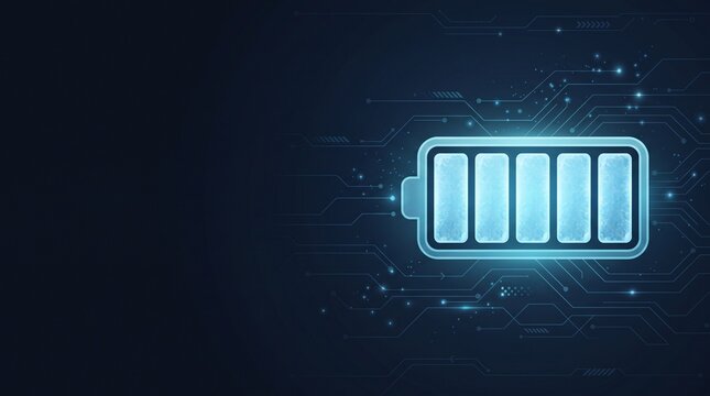 Full battery icon on dark digital technology background