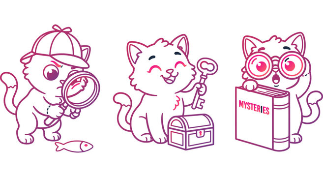 Cute cartoon cats set for coloring book page featuring a detective a happy cat and a reader