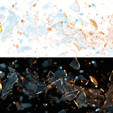 Broken Glass Shards Exploding Flying Fragments Black Background