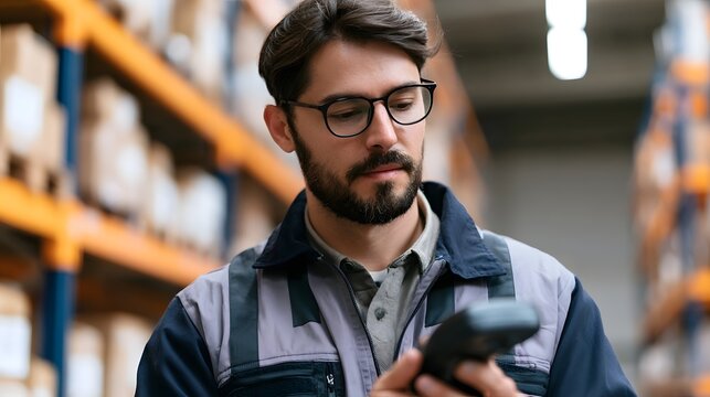 A man wearing glasses and workwear scans an item using a handheld device inside a warehouse filled with shelves
