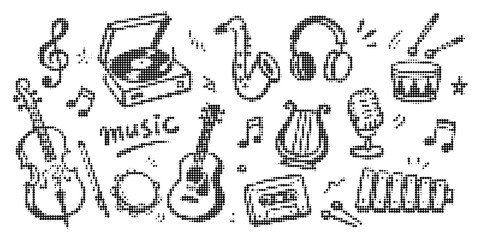 Obraz premium Set of handdrawn music doodles, guitar, violin, saxophone, headphones, record player, microphone, harp, xylophone, halftone style