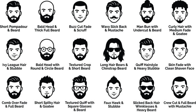 Male hairstyle and beard guide, 18 men's grooming icons with labels. Barbershop hair and facial hair styles, black and white vector set.