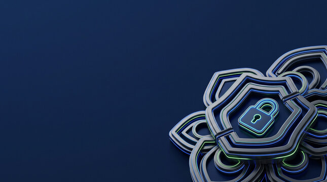 Abstract shield with lock symbol glowing blue on dark blue background with layered geometric shapes