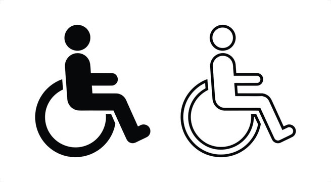 Wheelchair handicap accessibility icons, disabled person in wheelchair symbols, black solid and outline vector signs for public signage