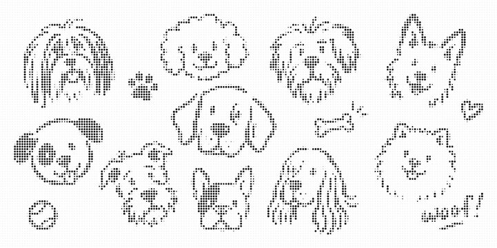 Set of hand drawn dog breeds icons in halftone dot style