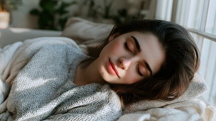 Obraz premium Young woman sleeping peacefully while resting on soft pillows in a cozy sunlit room wearing a comfortable grey knitted sweater