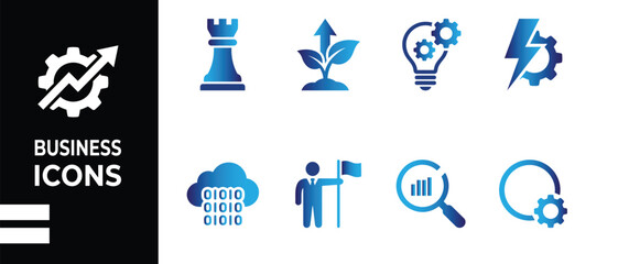 Business growth and strategy icon set featuring chess piece plants light bulbs lightning bolts cloud computing leadership flags data analysis and gear mechanism symbols. © MDZIAUL