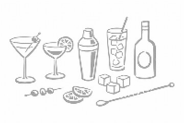 Cocktail bar set, drinks, shaker, ice cubes, garnish, hand drawn sketch, vector illustration