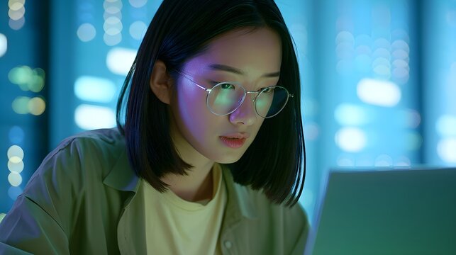 Asian female software engineer working on laptop in data center, young woman programmer with glasses in server room, professional coder in blue tech environment