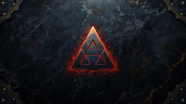 Glowing triangular emblem centered on dark textured marble background with metallic accents with veined dark marble surface intricate metallic textures radiating warm