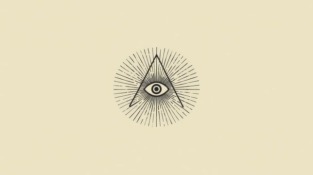 Minimalist radiant triangle with central eye symbol on neutral background with monochromatic design featuring glowing triangle centered eye motif radiating fine lines