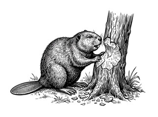 Beaver gnawing on tree trunk, isolated illustration