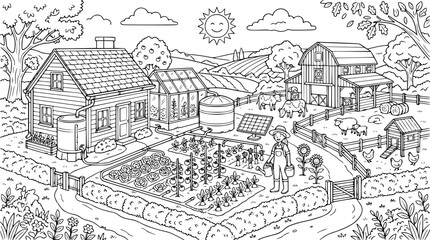 Fototapeta premium Sustainable Farm Coloring Page with Greenhouse Solar Panels and Farm Animals