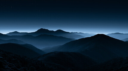 Obraz premium moonless summer night over japanese mountain ridge, serene indigo night above quiet mountain silhouettes, contemplative midnight blue landscape with distant japanese mountains