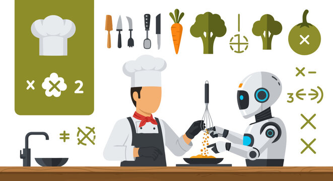 A chef and a robot collaborate in a kitchen, surrounded by cooking utensils, vegetables, and mathematical symbols, suggesting the intersection of culinary arts and artificial intelligence.