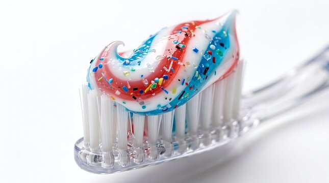 Close up shot of toothbrush bristles covered with striped red white and blue toothpaste containing colorful abrasive microbeads