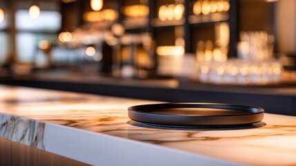 Obraz premium A sleek, dark plate rests on a beautifully marbled countertop in a modern bar setting