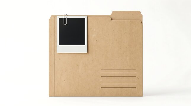 Minimalist brown paper file folder with a single blank polaroid attached by a silver paperclip isolated on white background