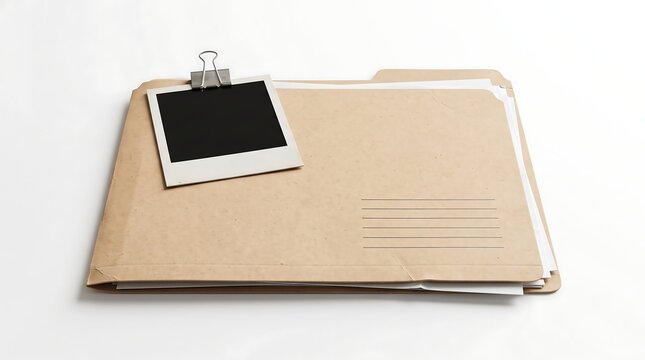 Vintage style brown paper file folder with an empty polaroid clipped to the front using a silver metal binder clip