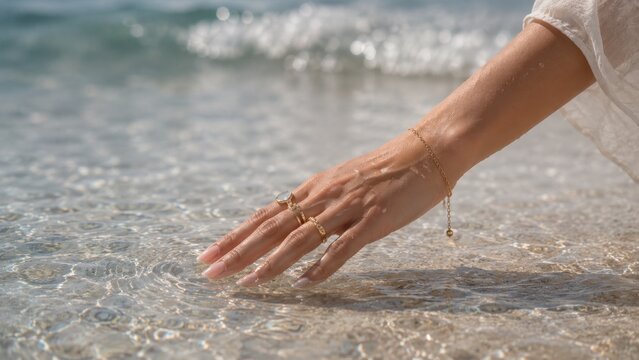 Elegant Female Hand Touching Crystal Clear Water Gentle Summer Serenity Moments Forever