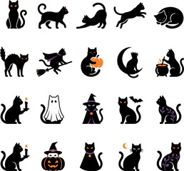 Fototapeta premium Set of black cat silhouettes for halloween design featuring various poses and festive holiday elements on white background